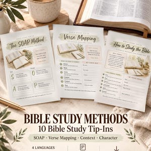 May include: Three printed Bible study tip-in sheets featuring The SOAP Method, Verse Mapping, and How to Study the Bible. The pages include instructional text, sections for notes, and illustrations of open books, all displayed with a coffee mug and an open Bible.