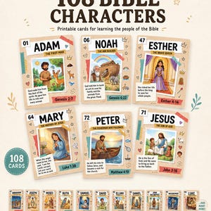 Könnte beinhalten: Ein Set aus 108 druckbaren Bibel-Charakterkarten mit Illustrationen von Figuren wie Adam, Noah, Esther, Maria, Petrus und Jesus. Jede Karte zeigt einen Namen, einen beschreibenden Titel, eine farbige Szene, einen Bibelvers und kleine Symbole.