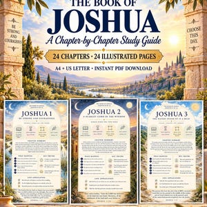 May include: A digital study guide titled The Book of Joshua, featuring a chapter-by-chapter breakdown. The cover displays a landscape with stone pillars and a golden crown. Three sample pages show summaries for chapters 1, 2, and 3 with text.