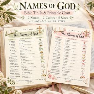 以下が含まれることがあります： 「The Names of God」と題された2枚の印刷可能なチャート。12の名前、その意味、聖書の参照が記載されています。1枚は緑色のアクセント、もう1枚はピンクの花のアクセントが付いています。どちらにも十字架、盾、目、王冠、鳩などのアイコンが含まれています。