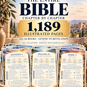 Puede incluir: Una colección digital de 1.189 páginas bíblicas ilustradas, que abarca 66 libros desde el Génesis hasta el Apocalipsis. El documento incluye resúmenes de capítulos, verdades clave y aplicaciones prácticas, disponible como descarga en PDF A4.