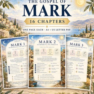 May include: A digital study guide titled The Gospel of Mark 16 Chapters, featuring three printable pages with summaries, key truths, and life applications for chapters one through three, set against a Mediterranean landscape with olive branches.