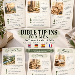 May include: A collection of printable Bible tip-ins featuring 30 themes for faith, each including a key verse, reflection, three steps, and a prayer. The cards display watercolor illustrations and text titles like Legacy, Fatherhood, Purpose, Changed Plans, Serving, and Money, with a central title reading Bible Tip-Ins for Men.