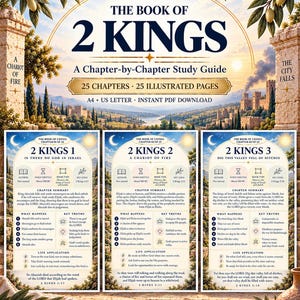 Pode incluir: Um guia de estudo digital intitulado The Book of 2 Kings, apresentando três páginas de exemplo para os capítulos 1, 2 e 3. O design inclui resumos, versículos-chave e aplicações, sobre um fundo de paisagem com colunas de pedra e oliveiras.