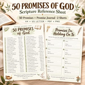 Może przedstawiać: Dwa arkusze do druku zatytułowane 50 Promises of God oraz My Promise Journal. Pierwszy zawiera listę 50 ponumerowanych odniesień do pism świętych. Drugi oferuje puste pola na zapisywanie obietnic i przemyśleń. Ozdobione ilustracjami roślinnymi.