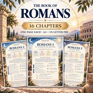 Puede incluir: Una guía de estudio digital para el Libro de Romanos con 16 capítulos en formatos PDF A4 y US Letter. El diseño incluye texto, resúmenes de capítulos, verdades clave y aplicaciones de vida sobre un fondo de arquitectura romana antigua.