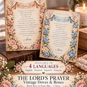 May include: Two rectangular prints featuring The Lord's Prayer with vintage-style floral borders of blush pink and dusty blue roses. The left print has a pink banner with white doves, while the right has a blue banner. Text includes "Teach Us To Pray".