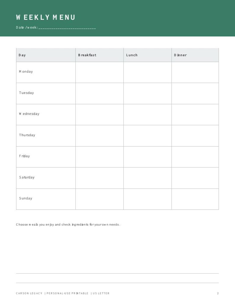 Low-carb Meal Planning Kit Printable PDF | WEEKLY MENU & More - Etsy