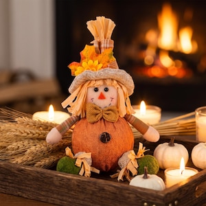Fall Scarecrow Plush Doll, Autumn Harvest Decor, Thanksgiving Table Decoration, Farmhouse Shelf Sitter, Rustic Fall Ornament