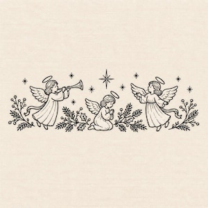 May include: A black line art illustration on a light beige background featuring three angels with halos and wings. One angel plays a trumpet, one kneels in prayer, and one stands with arms outstretched, all surrounded by pine branches and stars.