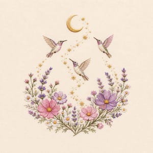 Könnte beinhalten: Ein Stickdesign mit drei fliegenden Kolibris, umgeben von einem Blumenarrangement aus rosa und violetten Kosmeen, weißen Gänseblümchen und Lavendelzweigen, akzentuiert durch eine goldene Mondsichel und kleine funkelnde Sterne.