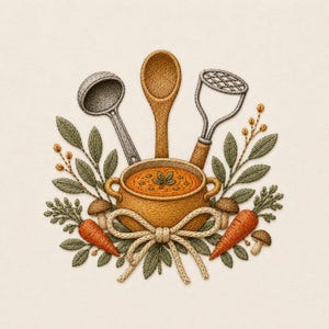 May include: An embroidery design featuring a central orange soup pot with a beige bow, surrounded by a wooden spoon, a metal ladle, a potato masher, orange carrots, brown mushrooms, and green leaves on a light cream fabric background.