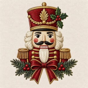Puede incluir: Un parche bordado de un cascanueces con uniforme rojo y detalles dorados, un sombrero alto con un emblema de hoja dorada, y cabello y barba blancos. El diseño está decorado con hojas de acebo verdes, bayas rojas y un gran lazo rojo en la base.
