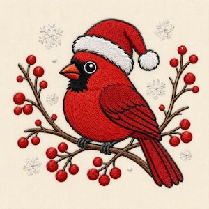 May include: An embroidered design of a bright red cardinal bird wearing a white-trimmed red Santa hat. The bird is perched on brown branches adorned with red berries, surrounded by small white embroidered snowflakes on a cream background.