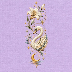 May include: An embroidered design on a light purple fabric featuring a white swan with blue-tipped wings, a large white lily flower with green leaves, a golden crescent moon, and small golden stars connected by delicate dotted lines.