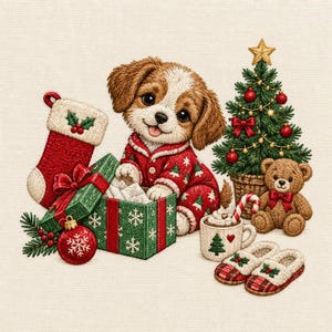 May include: An embroidered illustration of a brown and white puppy wearing red pajamas with a Christmas tree pattern, sitting beside a red stocking, a green gift box, a decorated Christmas tree, a teddy bear, a mug of cocoa, and slippers.