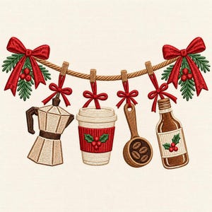 Weihnachts-Kaffee-Stickmuster, Moka-Kanne, Kaffeetasse, Flasche (Digitale Datei)
