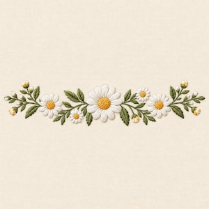 May include: An embroidery design featuring a central large white daisy with a yellow center, flanked by smaller daisies, buds, and green leaves arranged in a horizontal, symmetrical floral garland pattern on a cream fabric background.