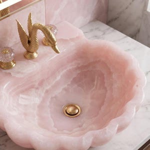 Rose Quartz Vessel Sink - Luxury Stone Sink - Shell Stone Sink - Pink Quartz Basin - Hand carved Pink Onyx Flower Sink
