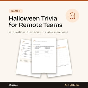 Könnte beinhalten: Ein digitales Halloween-Quiz für Remote-Teams mit 28 Fragen, einem Moderationsskript und einer ausfüllbaren Punktetabelle. Das 17-seitige Dokument ist in A4 und US Letter verfügbar und trägt den Titel Halloween Trivia for Remote Teams.