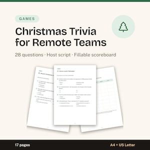 Könnte beinhalten: Ein digitales Weihnachts-Quiz für Remote-Teams mit 28 Fragen, einem Moderationsskript und einer ausfüllbaren Punktetabelle. Das 17-seitige Dokumentenset ist in den Formaten A4 und US Letter verfügbar und zeigt ein Tannenbaum-Symbol und Text.