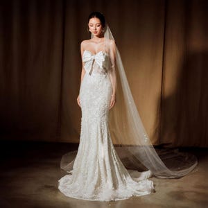 Fantasy Mermaid Wedding Dress with Bow Strapless Corset Bridal Gown Celestial Courthouse Modest Simple Bridal Gown Custom Made