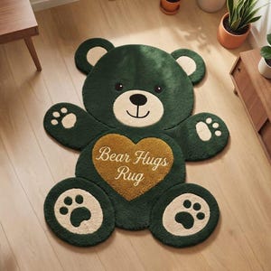 Op de afbeelding: Een donkergroen, beervormig tapijt met een crèmekleurige snuit, binnenoren en voetzolen. Een groot, goudbruin hart is gecentreerd op de romp van de beer, voorzien van de geborduurde witte tekst "Bear Hugs Rug" in een cursief lettertype.