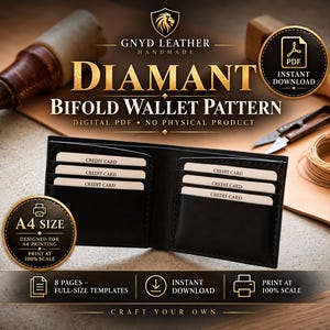 Könnte beinhalten: Ein schwarzes Bifold-Portemonnaie mit mehreren Kreditkartenfächern, präsentiert als digitales PDF-Schnittmuster von GNYD Leather. Das Bild enthält Text für A4-Druck, Sofort-Download und 8 Seiten mit Vorlagen in Originalgröße.