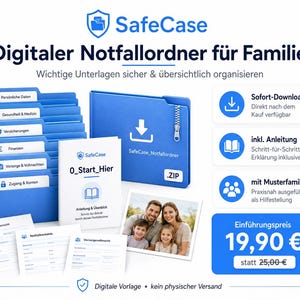 May include: A digital emergency folder system titled SafeCase, featuring blue folder icons labeled with categories like personal data, health, and finances. Includes a ZIP file icon, a start guide, document templates, and a family photograph.