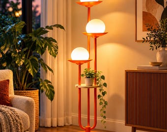 Mid-Century Modern Orange Globe Floor Lamp with Shelf, Dimmable Standing Light (Bulbs Included)