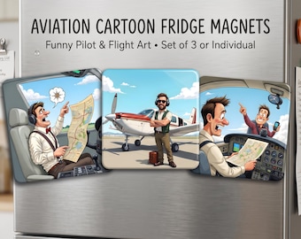 Aviation Cartoon Fridge Magnets, Funny Pilot Art, Airplane Decor (Set of 3)