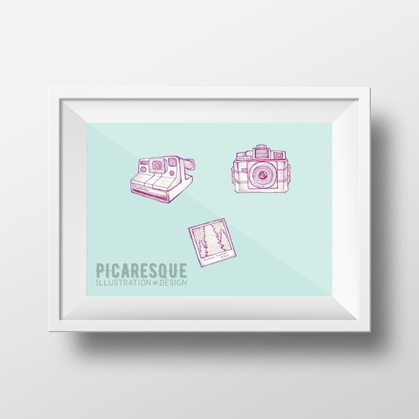 Vintage Polaroids and Holga camera sketch Print | original art illustration home decor