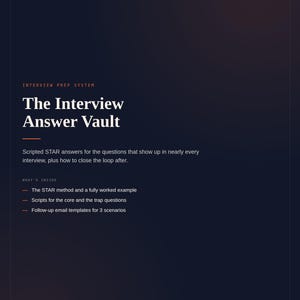 May include: A dark blue digital document titled The Interview Answer Vault, an interview prep system. It lists contents including the STAR method, worked examples, scripts for core and trap questions, and follow-up email templates for three scenarios.