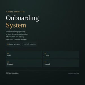 May include: A dark green digital document titled T White Consulting Onboarding System. It lists an implementation plan, TTV tracker, and 90-day playbook. Features four numbered sections: 01 Plan, 02 Track, 03 Escalate, and 04 Launch, with buttons for 4 tools included.