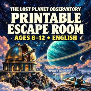 Może przedstawiać: Cyfrowa grafika do The Lost Planet Observatory Printable Escape Room dla dzieci w wieku 8-12 lat w języku angielskim. Przedstawia kopułę obserwatorium na skalistym klifie, dużą planetę z pierścieniami, małe księżyce oraz statek kosmiczny.