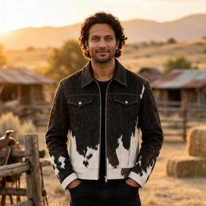 Men's Cowhide Trucker Jacket | Black White Hair-On Hide Western Jacket | Handmade Gradient Cow Print Leather Jacket, Gift for Him