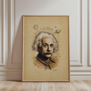 May include: A framed portrait print of Albert Einstein on aged parchment paper. The illustration features Einstein with his signature hair, surrounded by scientific equations, a clock, and a planet. The signature A. Ein is visible.