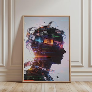 Cybernetic Human Head Wall Art, Digital Film Strip Poster, Modern Tech Print