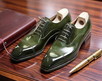 Handmade Leather Green Oxford Shoes Lace Up Formal Office Dress Shoes For Men