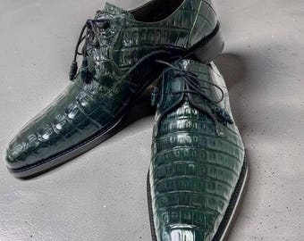 Premium Handmade Green Textured Leather Lace Up Shoes for Men, Genuine Leather Dress Shoes