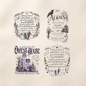 May include: Four decorative graphic designs featuring text and illustrations. Designs include a Victorian house labeled Owens House, and three variations of text about salt, rosemary, lavender, and love, accented with botanical and mystical motifs.