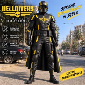 May include: A black and yellow cosplay costume featuring a full-body suit, tactical belt, knee pads, and a helmet with a visor. The chest displays a globe emblem with wings. Text on the image reads: HELLDIVERS INSPIRED COSPLAY COSTUME, SPREAD DEMOCRACY IN STYLE, CUSTOM MADE JUST FOR YOU, PREMIUM QUALITY FAUX LEATHER, DURABLE & COMFORTABLE, WORLDWIDE SHIPPING, CUSTOM COSPLAY COSTUMES.