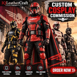 Könnte beinhalten: Vier Figuren in taktischer Ganzkörperrüstung mit Helmen und Umhängen in den Farben Rot, Gelb, Weiß und Schwarz. Der Text lautet IQLeatherCraft, CUSTOM COSPLAY COMMISSION und ORDER NOW. Symbole zeigen Kunstleder, Maßanfertigung und Handarbeit.