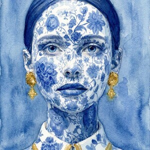 May include: A watercolour portrait of a person with skin patterned in blue and white floral motifs, reminiscent of porcelain. The person wears a collared shirt with matching floral patterns, gold-toned lapel accents, and ornate gold drop earrings.
