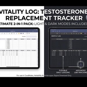 Puede incluir: Un rastreador digital de reemplazo de testosterona Vitality Log mostrado en dos tabletas, una con interfaz en modo claro y otra en modo oscuro. El rastreador incluye columnas para notas de inyección, seguimiento de laboratorio y herramientas médicas.