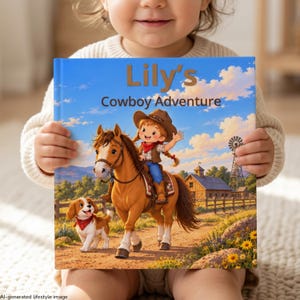 May include: A square children's book titled Lily's Cowboy Adventure featuring a cartoon illustration of a child in a cowboy hat riding a brown horse with a small dog nearby. The background shows a farm with a windmill and a wooden barn.