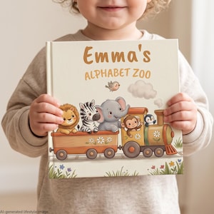 May include: A hardcover children's book titled Emma's ALPHABET ZOO featuring a colorful illustration of a train carrying a lion, zebra, elephant, monkey, and penguin. The train is decorated with white flowers and travels along tracks through grass.