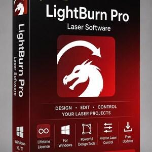 Op de afbeelding: Een rechthoekige doos voor LightBurn Pro lasersoftware met een rood en zwart verloop. De voorkant toont een wit drakenlogo, de tekst LightBurn Pro Laser Software en iconen voor levenslange licentie, Windows, ontwerptools, laserbesturing en updates.