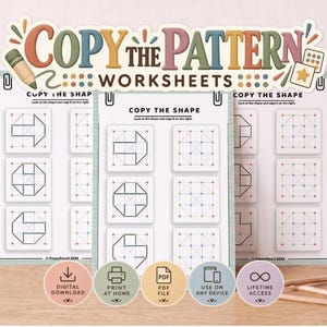 Puede incluir: Hojas de trabajo educativas tituladas COPY THE PATTERN WORKSHEETS que presentan ejercicios de copia de formas en cuadrícula. Las páginas incluyen patrones geométricos con flechas y líneas. Cinco iconos circulares indican descarga digital, impresión en casa, archivo PDF, uso en cualquier dispositivo y acceso de por vida.