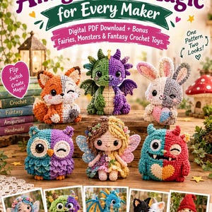 Pode incluir: Uma capa de livro intitulada Two-Sided Amigurumi Magic for Every Maker com seis brinquedos de crochê com designs bicolores, incluindo uma raposa, dragão, coelho, coruja, fada e monstro, além de cinco fotos menores de outros padrões.
